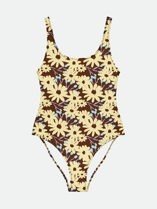 Painted Daisy Scoop Back Swimsuit in Chocolate