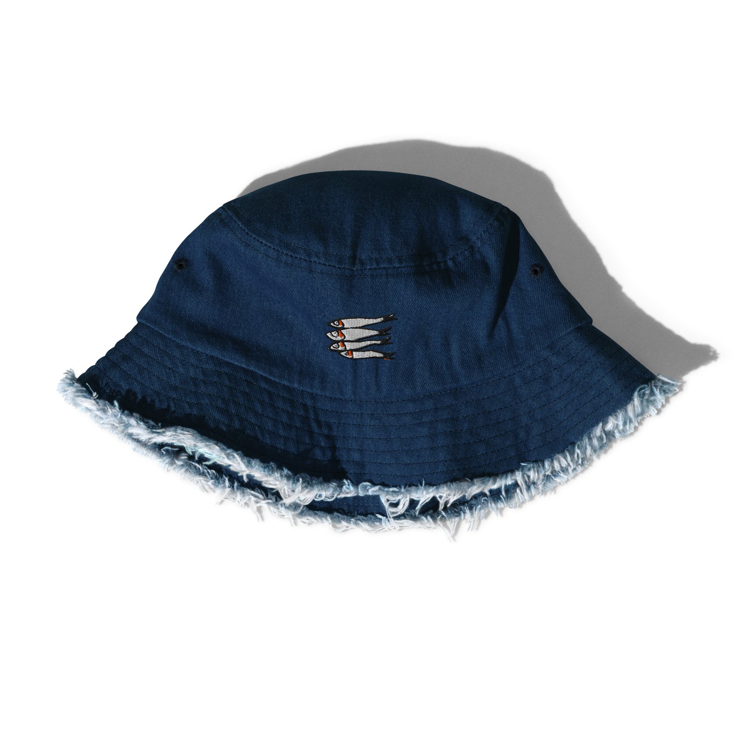 Embroidered Sardines Distressed Denim Bucket Hat