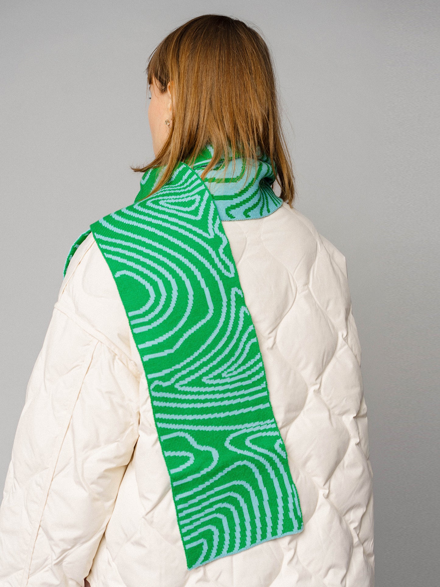 Swirly Stripe Wool and Cashmere Scarf in Green and Blue