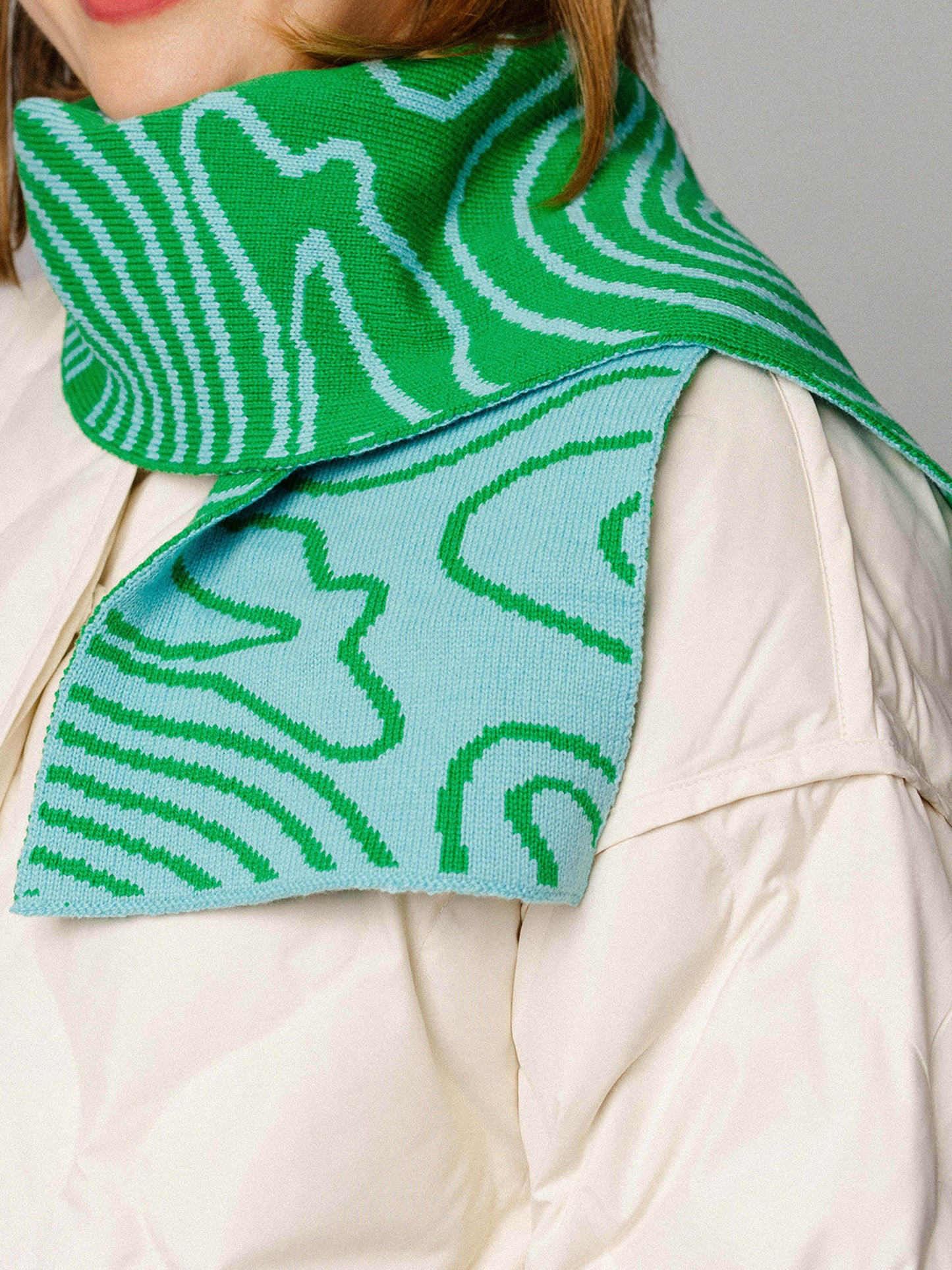 Swirly Stripe Wool and Cashmere Scarf in Green and Blue