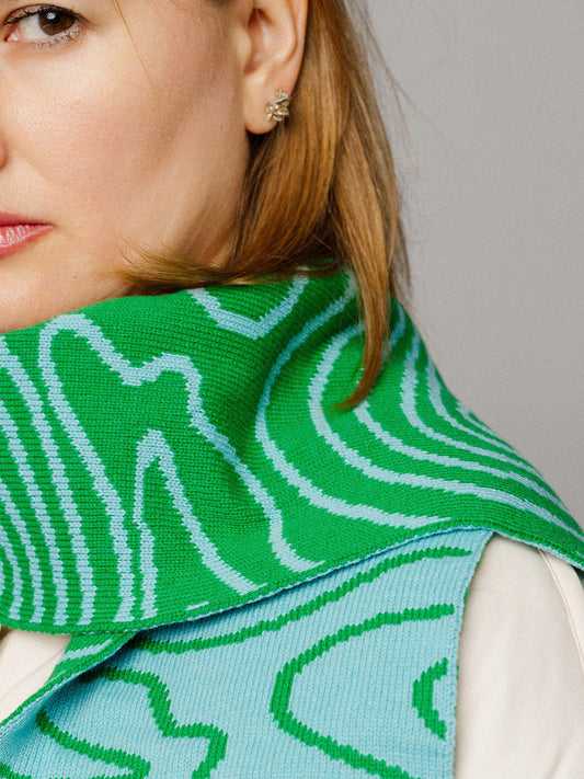 Swirly Stripe Wool and Cashmere Scarf in Green and Blue