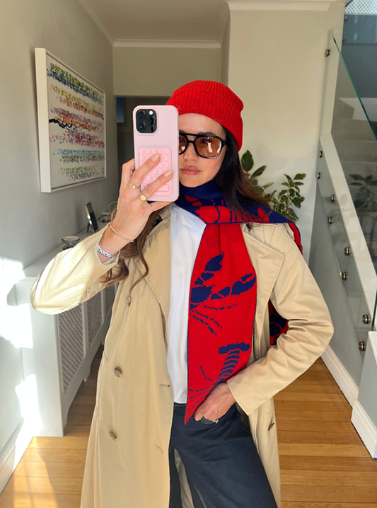 Lobster Wool and Cashmere Scarf in Red and Navy