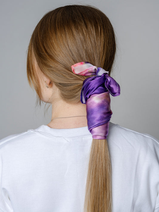 Tie Dye Printed Satin Silk Bandana in Purple and Hot Pink