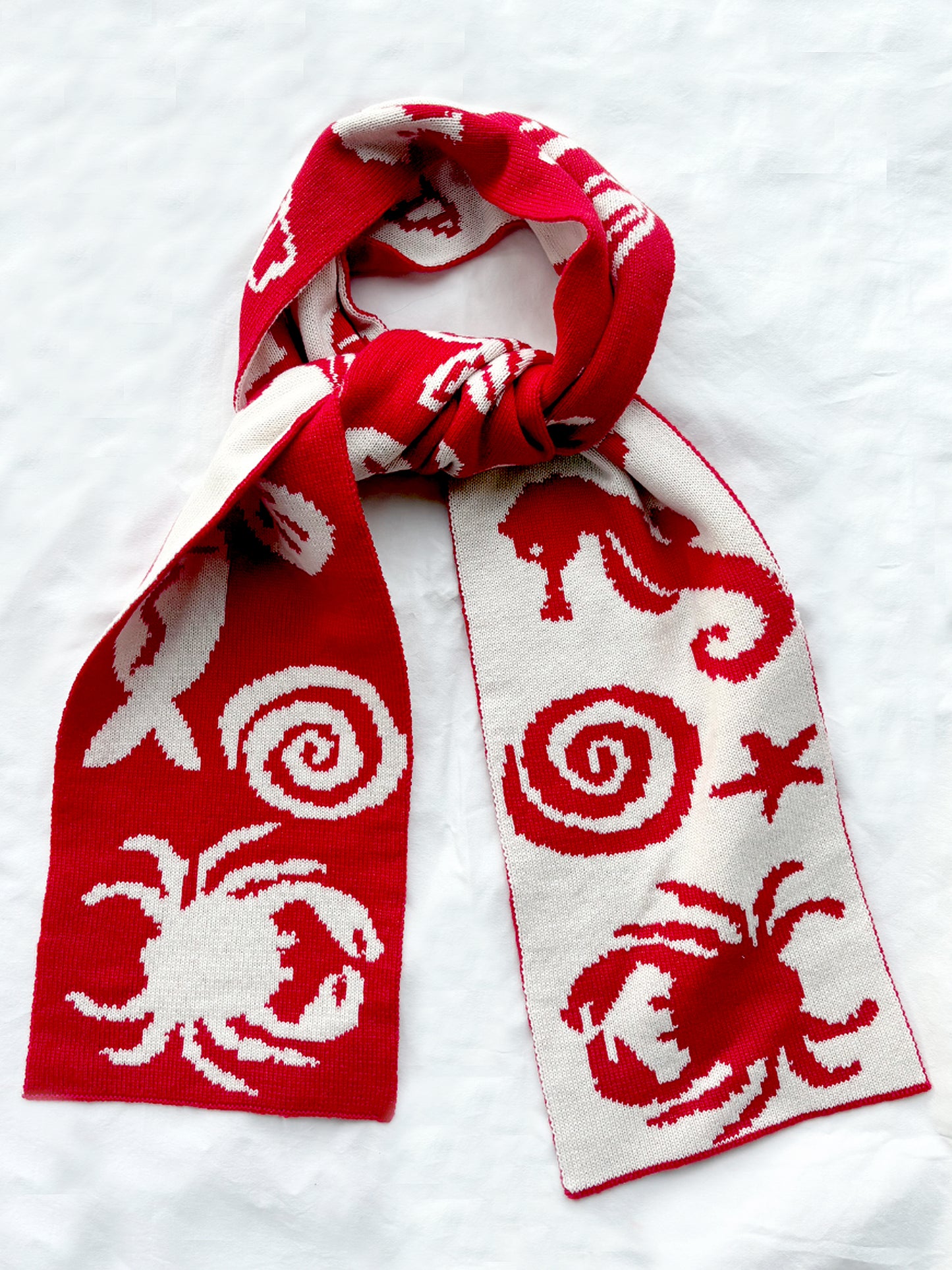 Sea Life Scarf – Red and White Wool and Cashmere Knitted Scarf