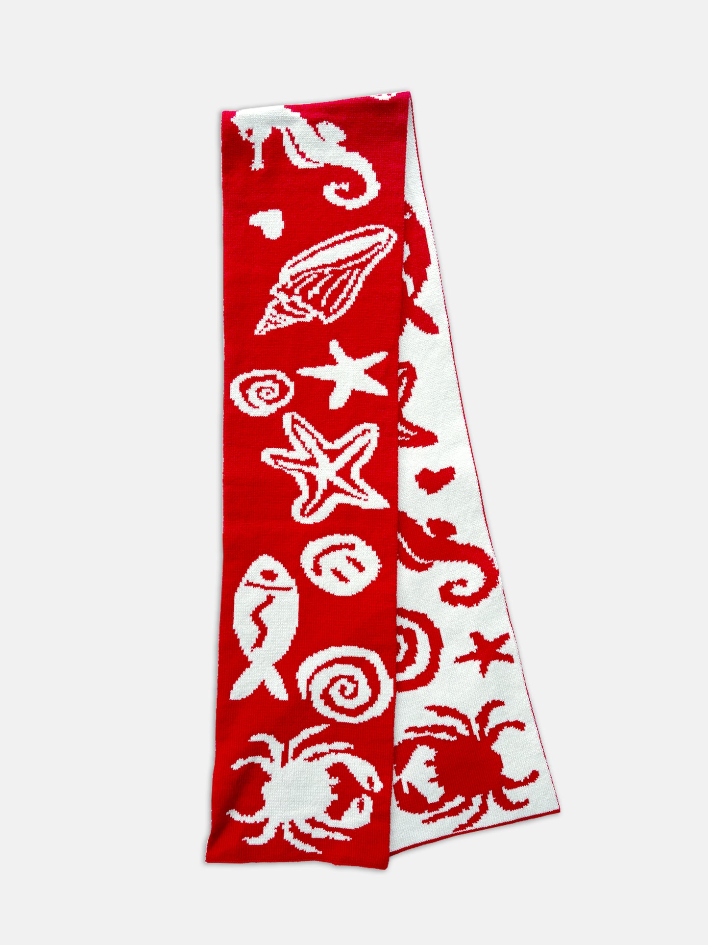 Sea Life Scarf – Red and White Wool and Cashmere Knitted Scarf