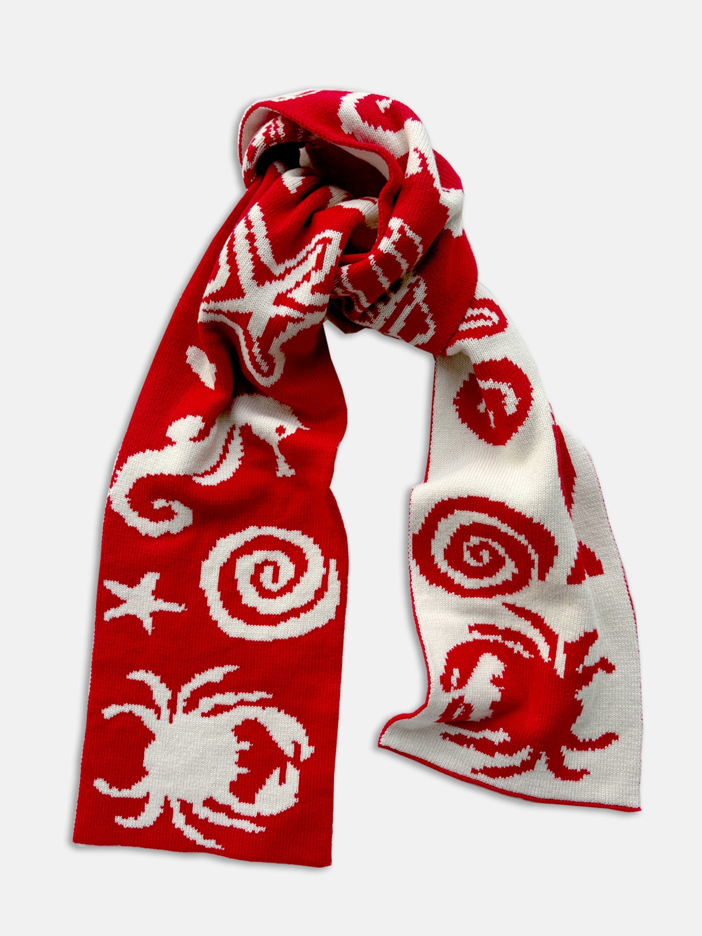 Sea Life Scarf – Red and White Wool and Cashmere Knitted Scarf