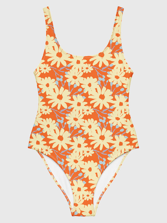 Painted Daisy Scoop Back Swimsuit in Orange
