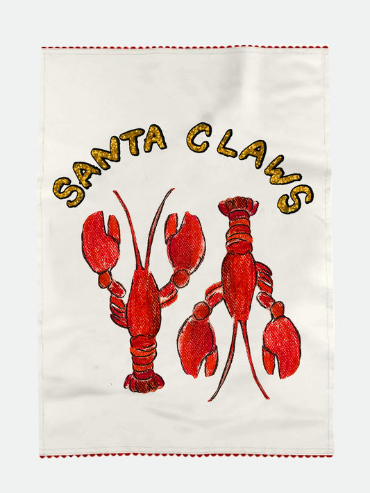Santa Claws Hand-drawn Lobsters Linen Tea Towel