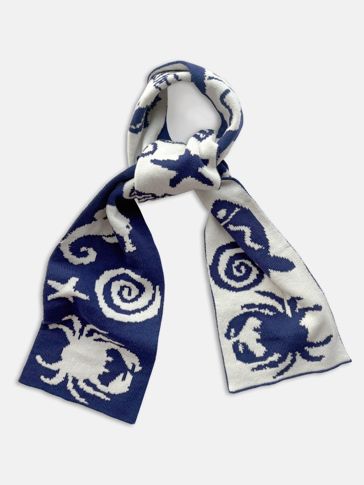 Seafood  & Crab Wool and Cashmere Knitted Scarf in Navy