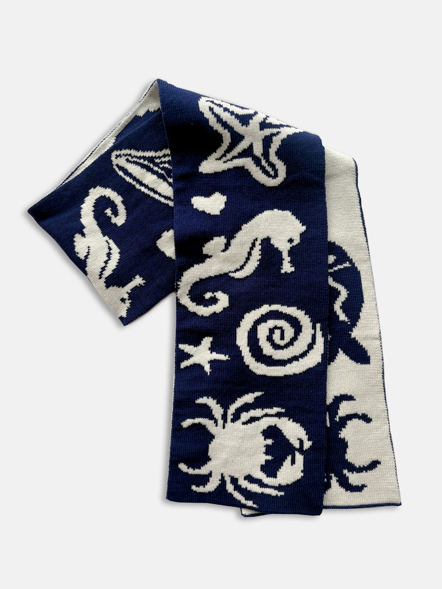 Seafood  & Crab Wool and Cashmere Knitted Scarf in Navy