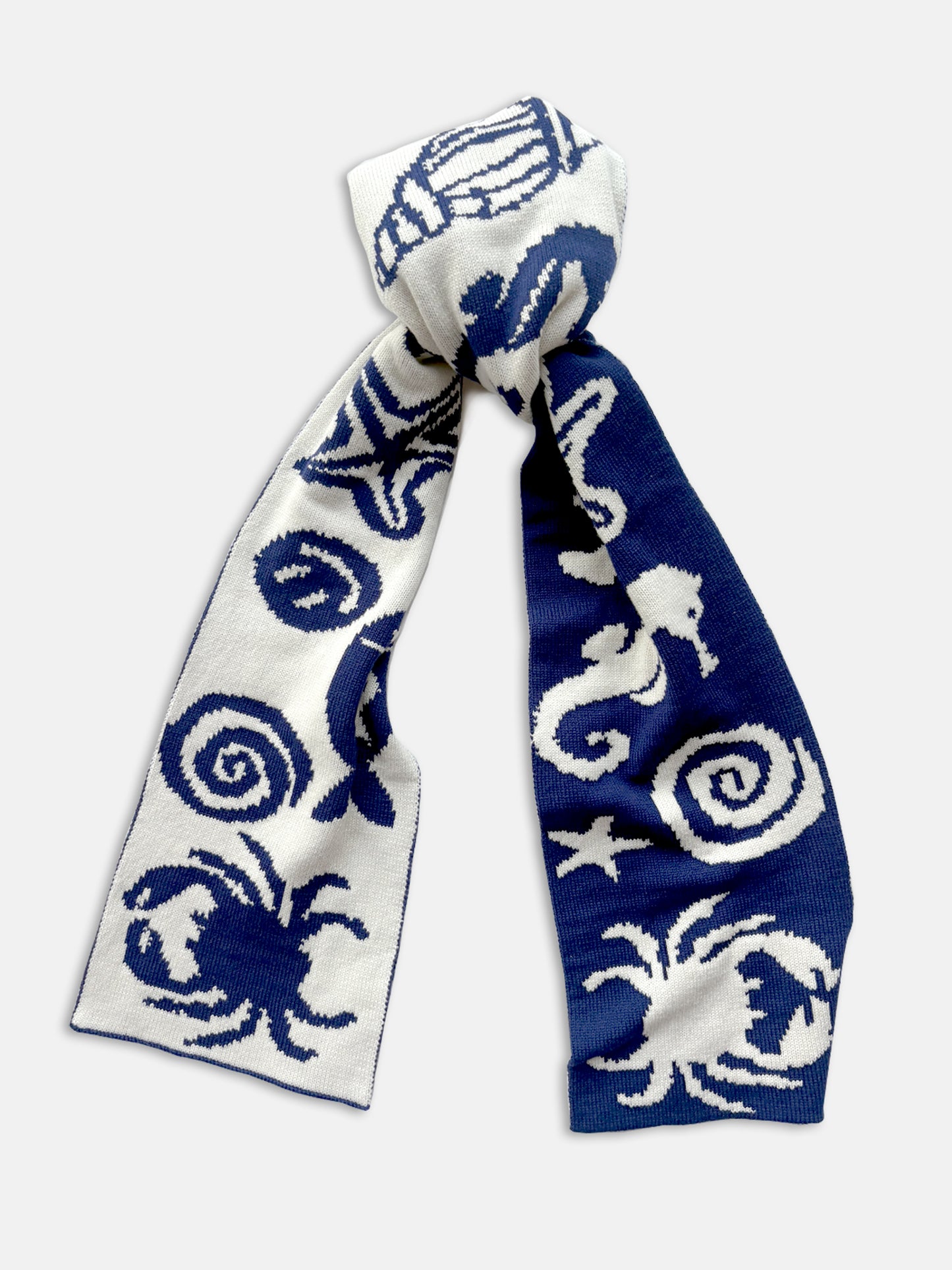Seafood  & Crab Wool and Cashmere Knitted Scarf in Navy