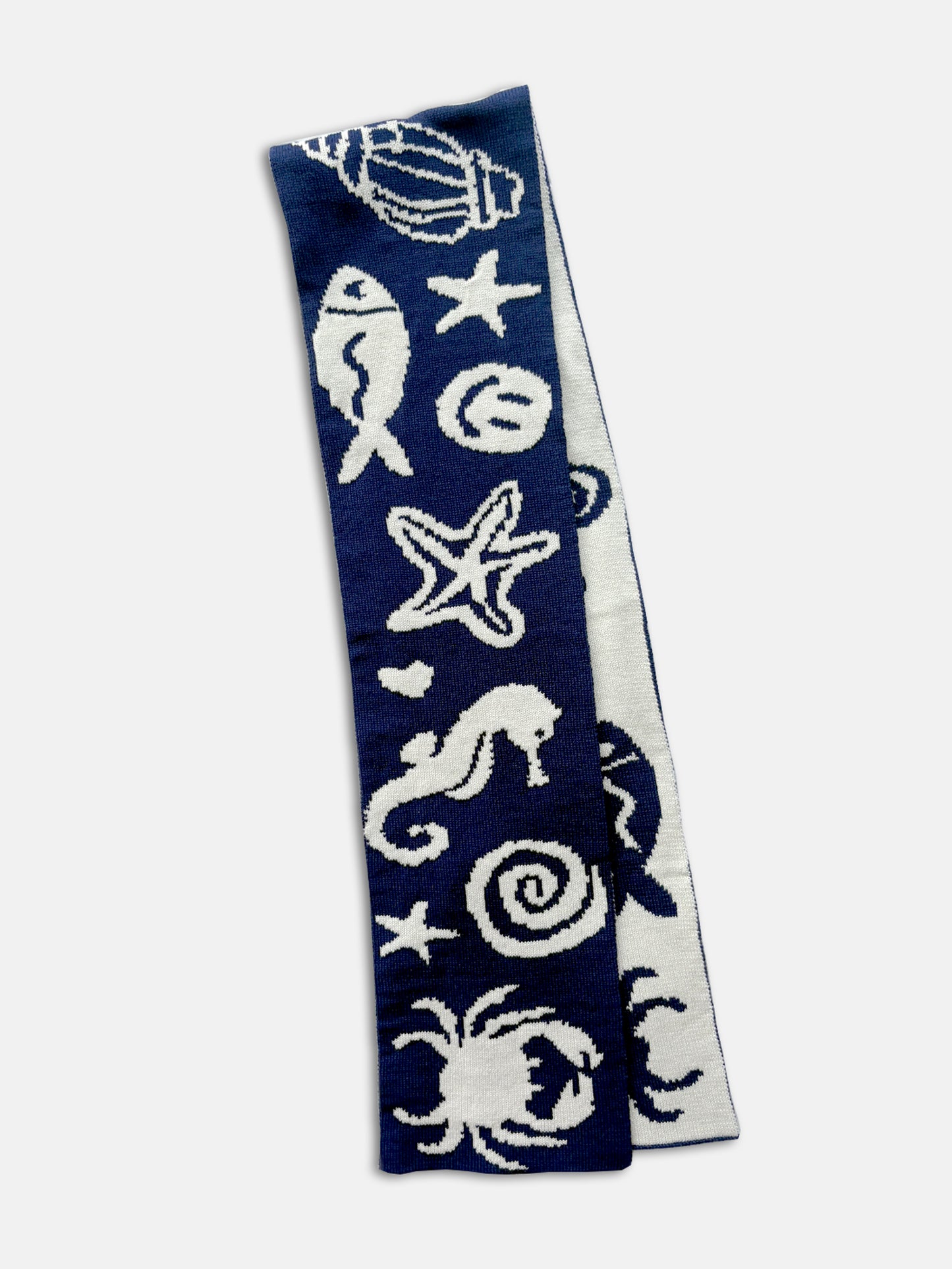 Seafood  & Crab Wool and Cashmere Knitted Scarf in Navy