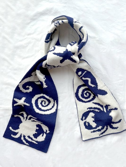 Seafood  & Crab Wool and Cashmere Knitted Scarf in Navy