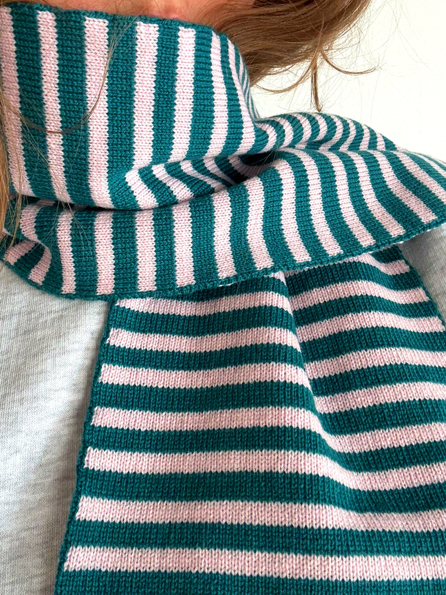 Skinny Stripe Wool and Cashmere Scarf in Teal and Blush