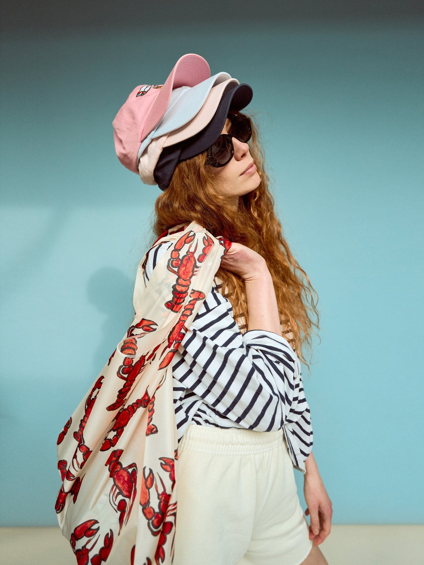 Painted Lobster Print Parachute Waterproof Shopper Bag in Beige
