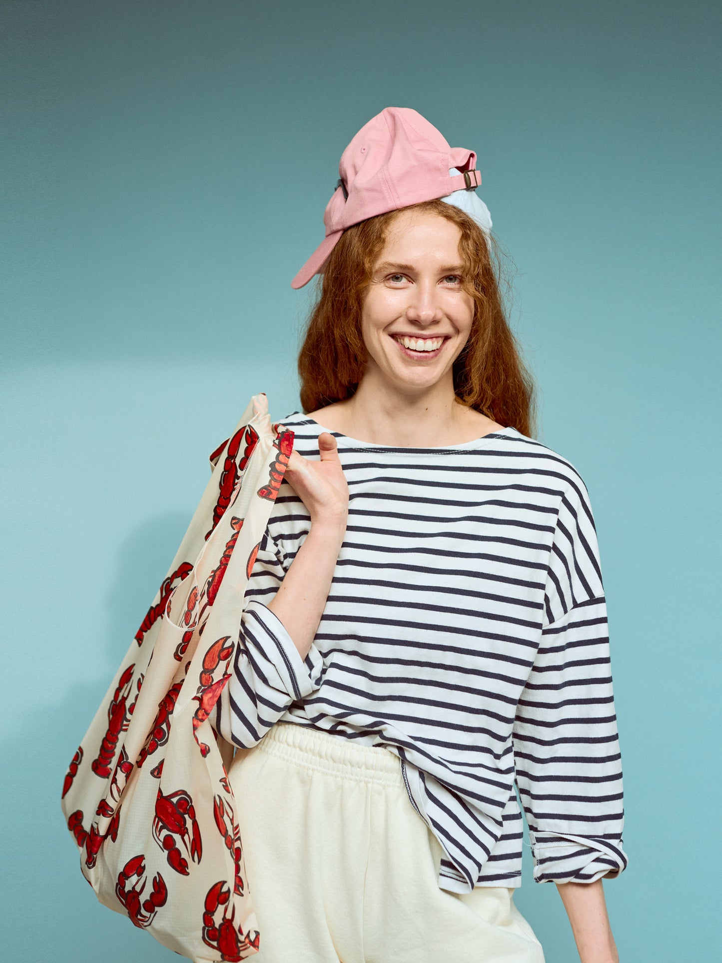 Painted Lobster Print Parachute Waterproof Shopper Bag in Beige