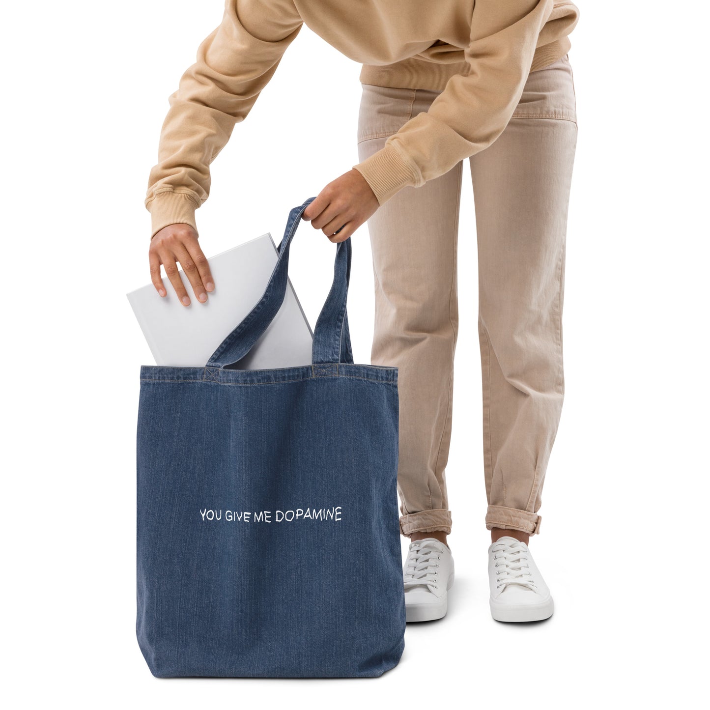 Dopamine Slogan Organic Indigo Denim Tote Bag