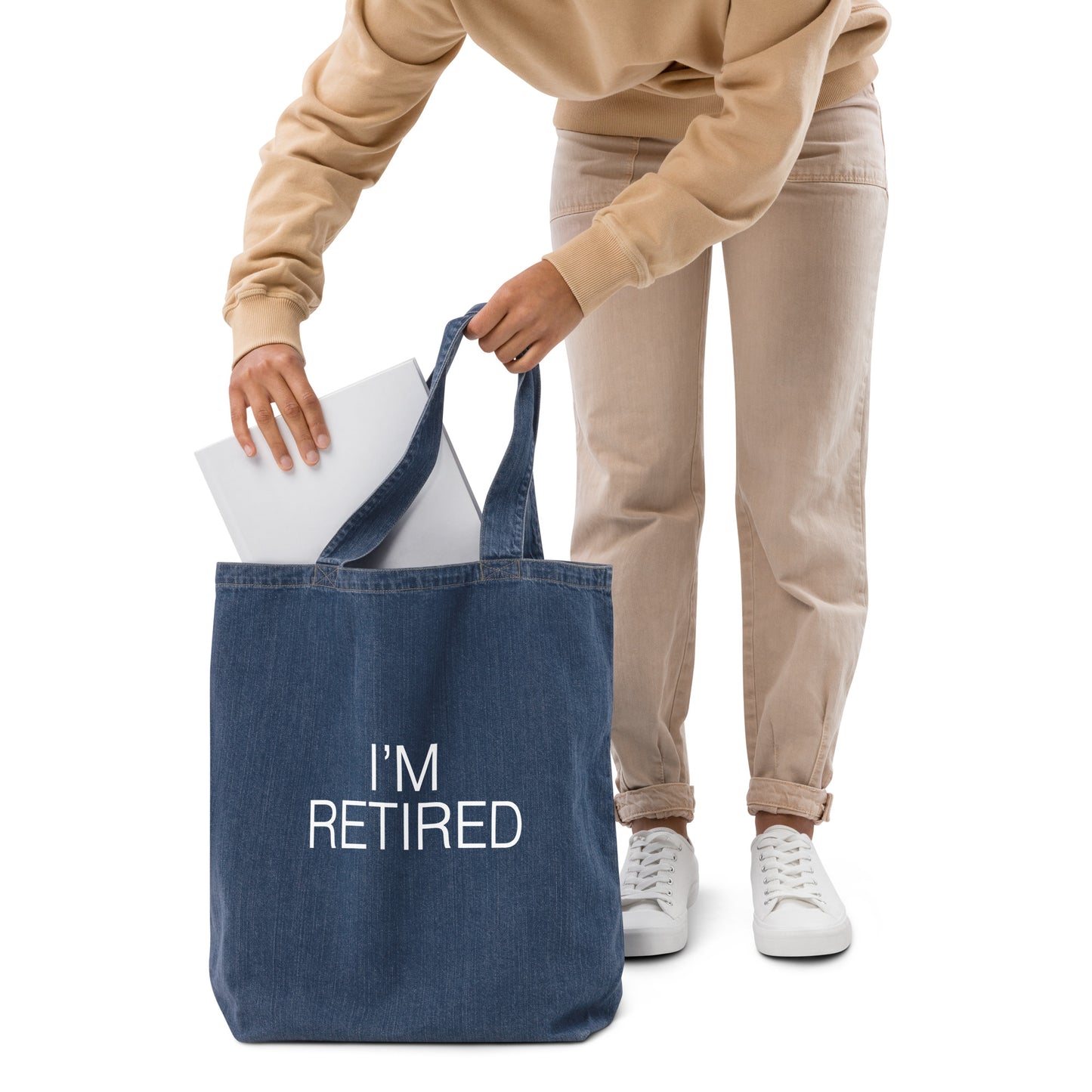 I'm retired Slogan Organic denim tote bag