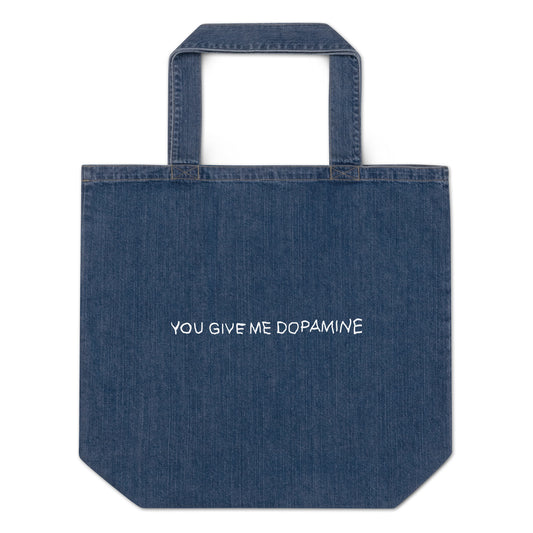 Dopamine Slogan Organic Indigo Denim Tote Bag