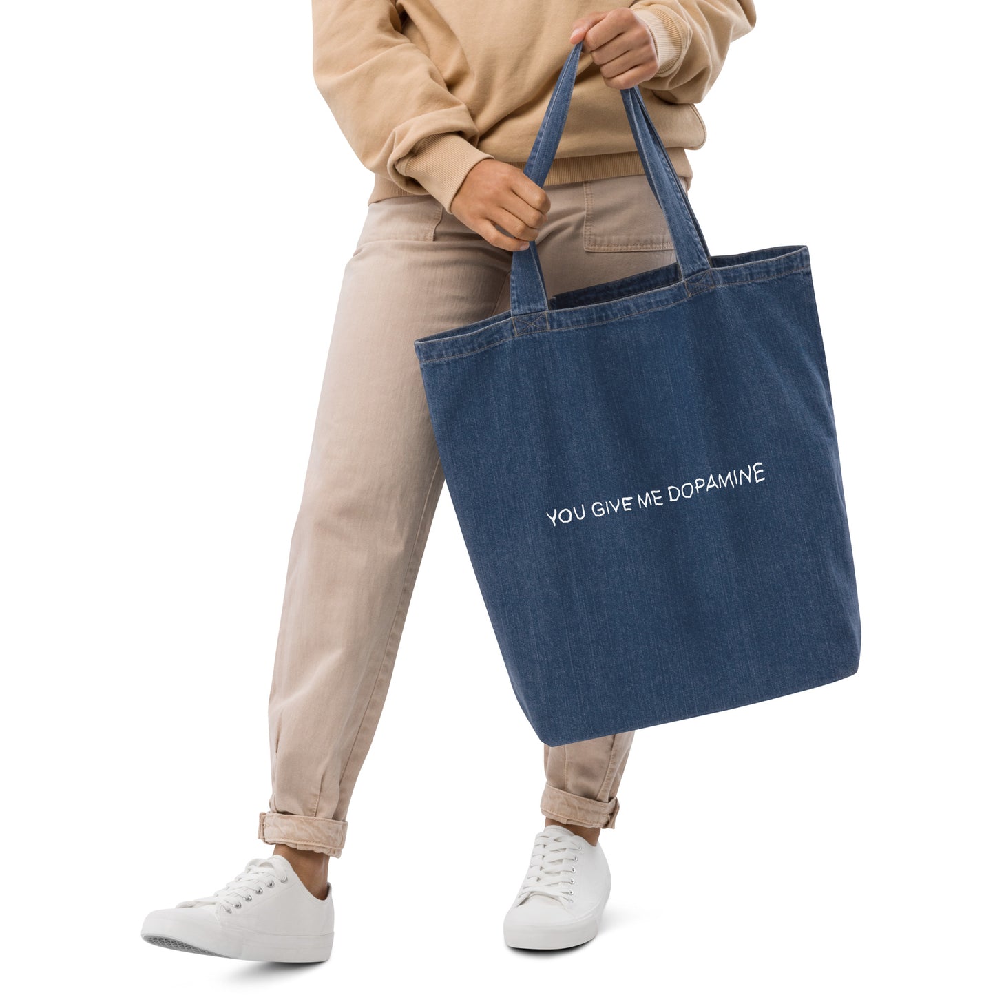 Dopamine Slogan Organic Indigo Denim Tote Bag