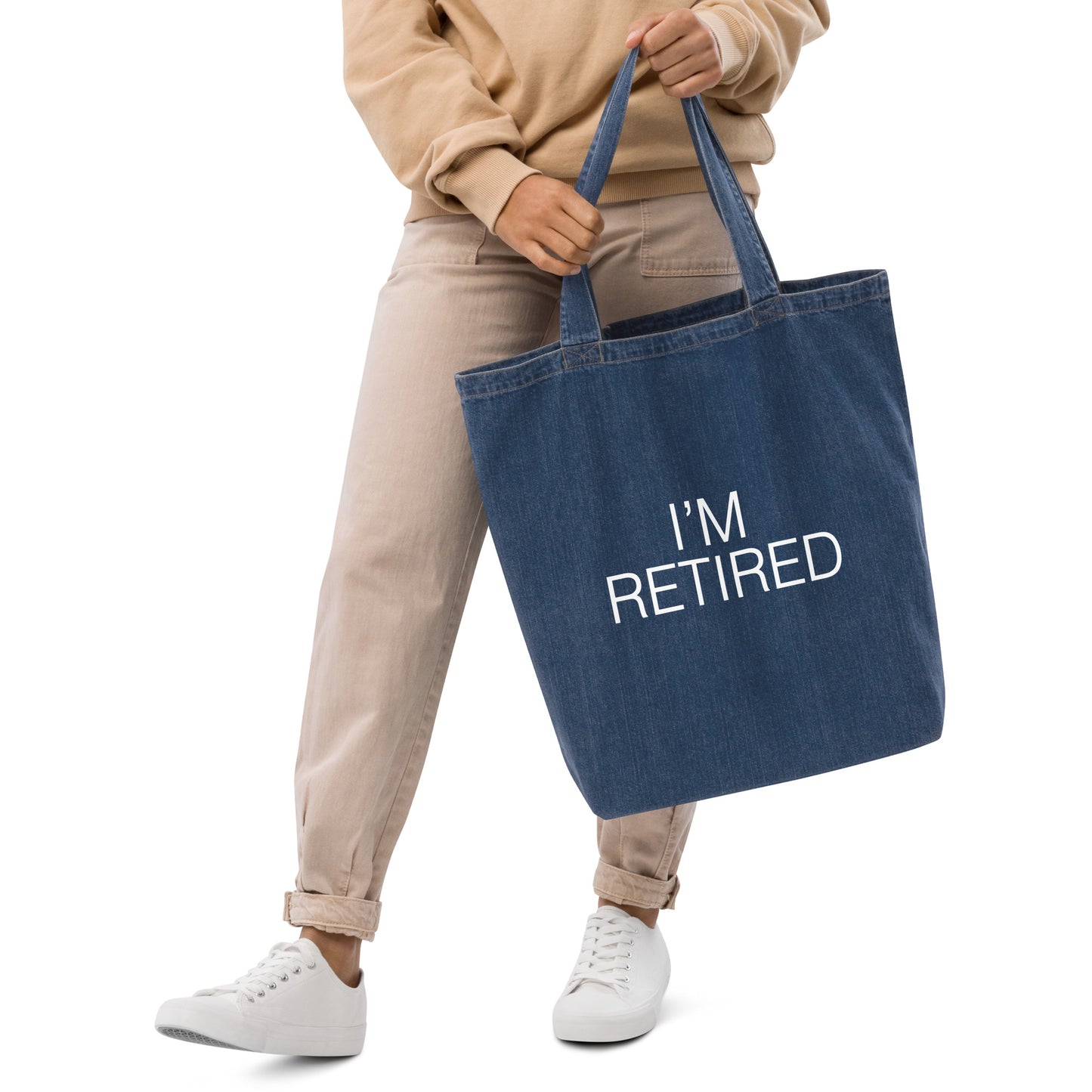 I'm retired Slogan Organic denim tote bag