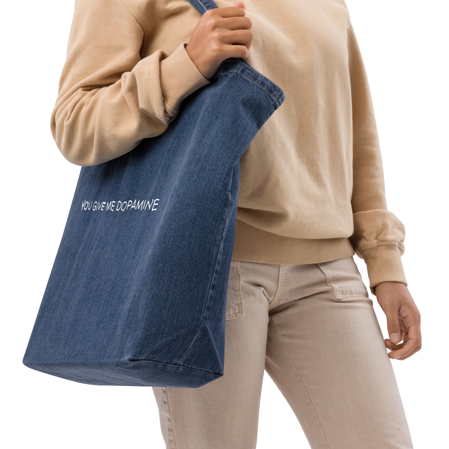 Dopamine Slogan Organic Indigo Denim Tote Bag