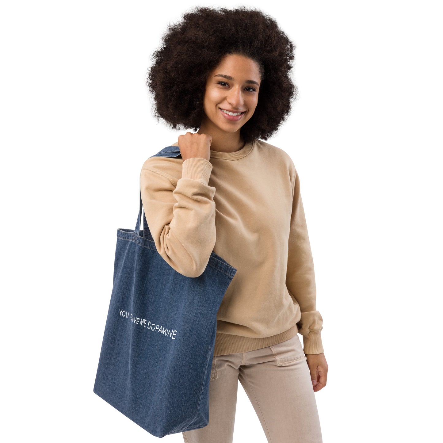 Dopamine Slogan Organic Indigo Denim Tote Bag