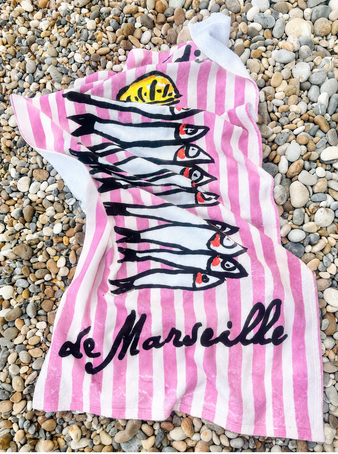 Marseille Sardines Beach Towel with  Pink Stripes