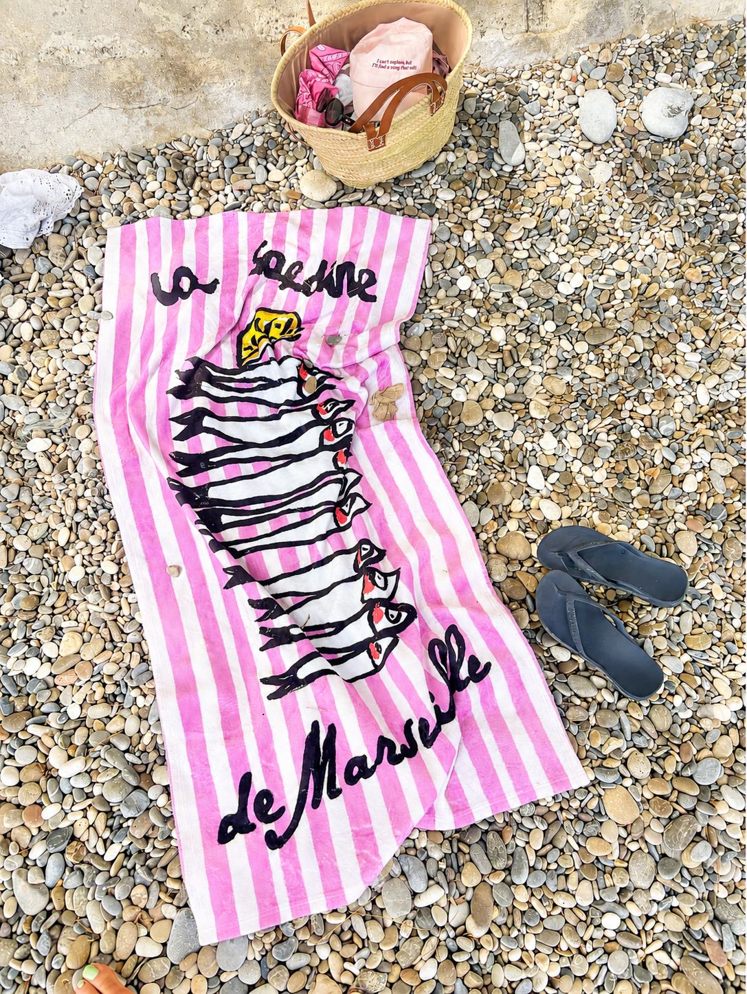 Marseille Sardines Beach Towel with  Pink Stripes
