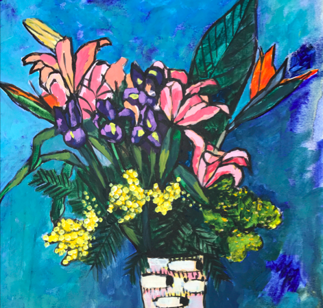 Still Life with Iris in Blue. Satin Silk Bandana