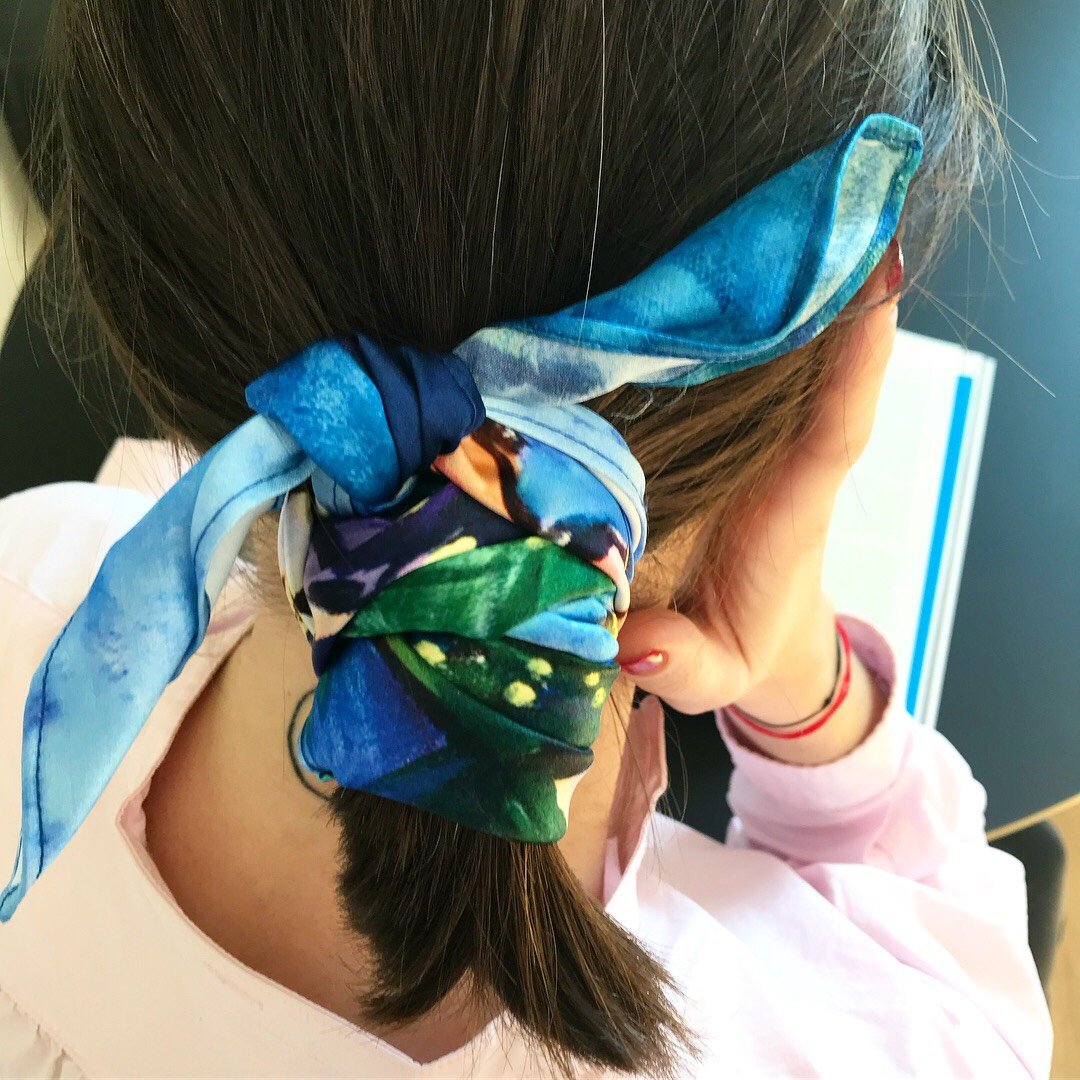 Still Life with Iris in Blue. Satin Silk Bandana