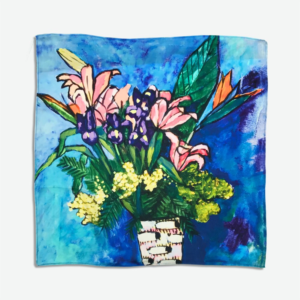 Still Life with Iris in Blue. Satin Silk Bandana
