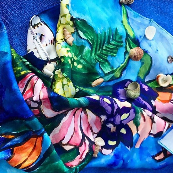 Still Life with Iris in Blue. Satin Silk Bandana