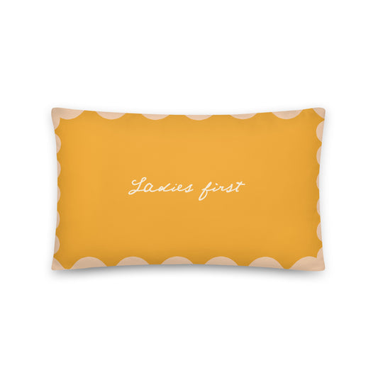 Ladies First Slogan. Reversible Textured Cushion