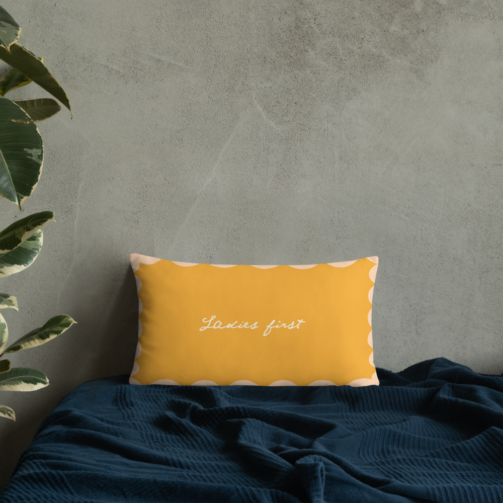 Ladies First Slogan. Reversible Textured Cushion