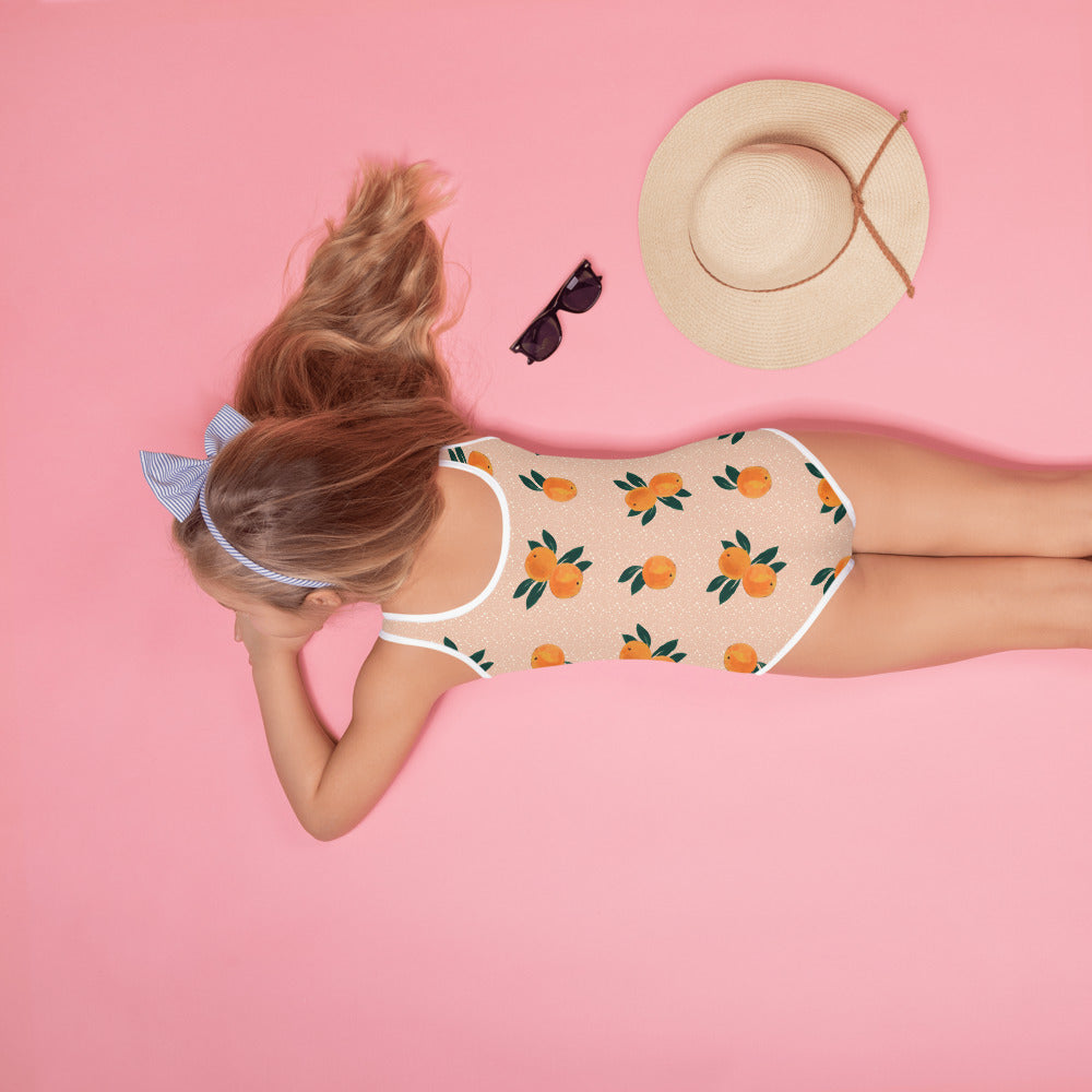 Orange Printed Kids Swimsuit in Peachy Pink
