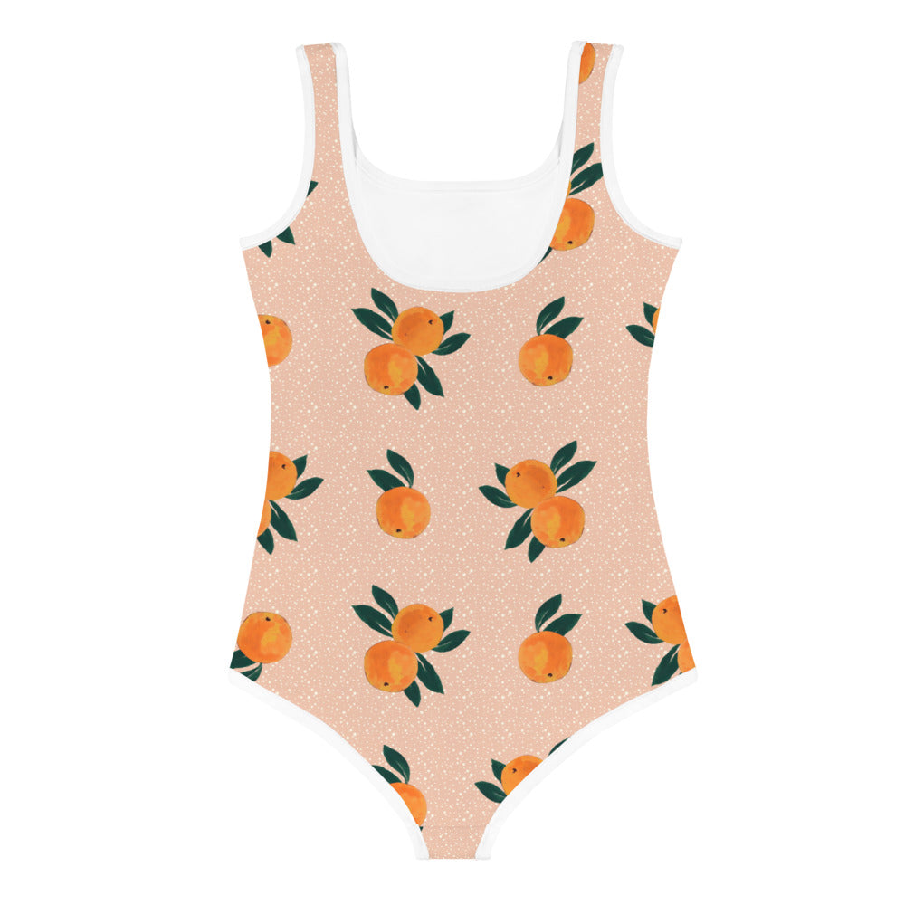 Orange Printed Kids Swimsuit in Peachy Pink