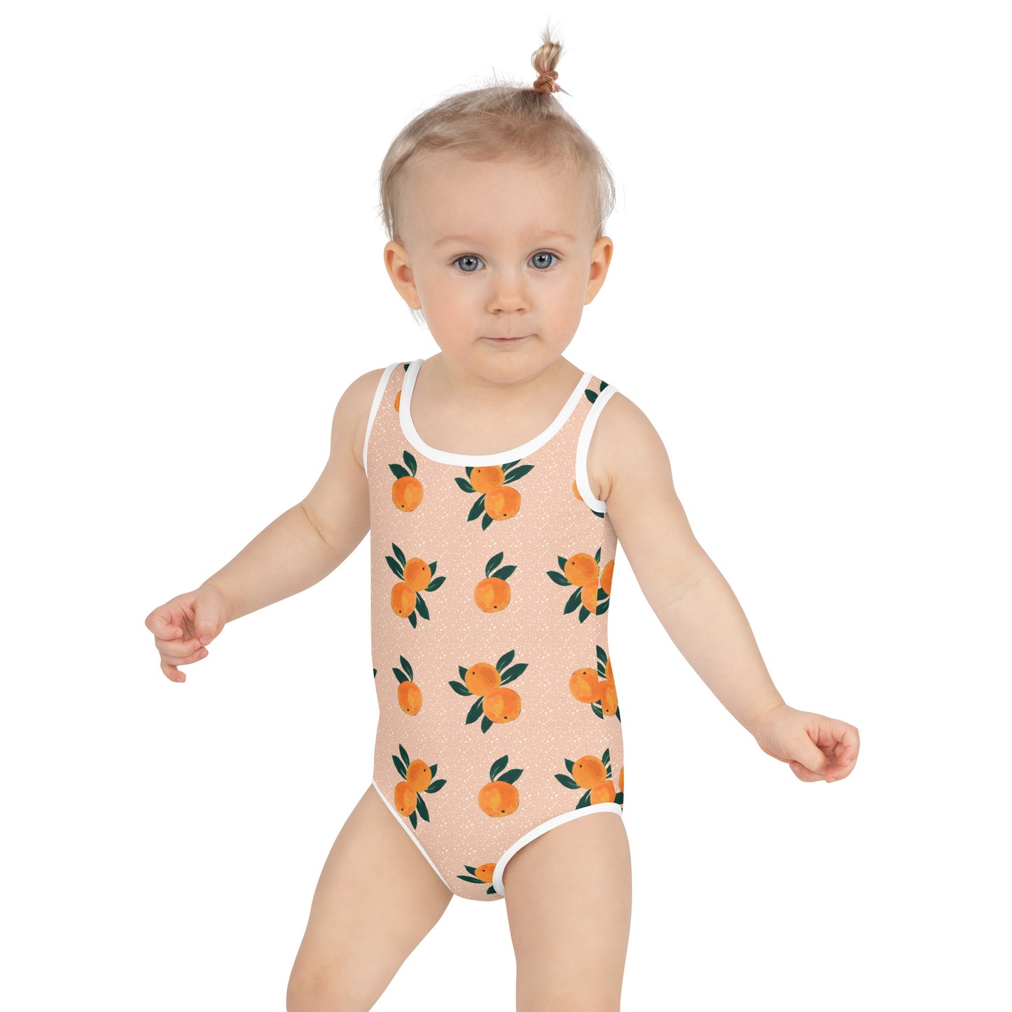 Orange Printed Kids Swimsuit in Peachy Pink