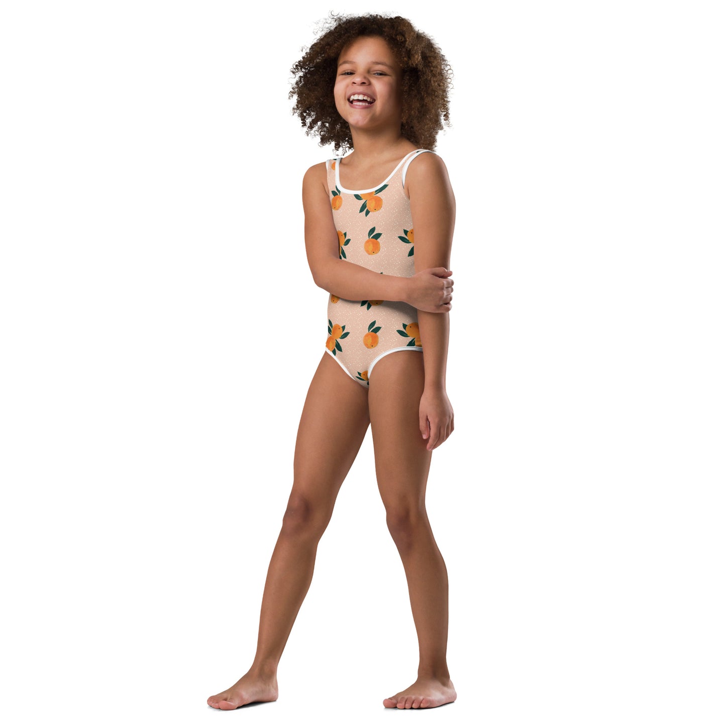 Orange Printed Kids Swimsuit in Peachy Pink