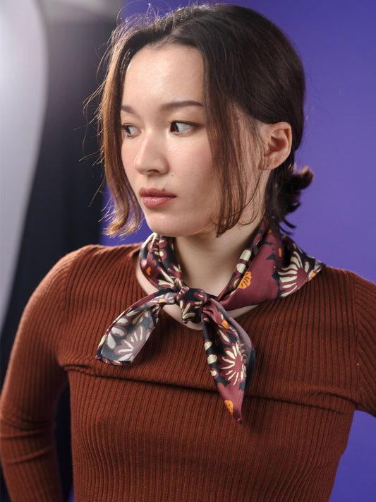 Painted Daisy Satin Silk Bandana in Chocolate