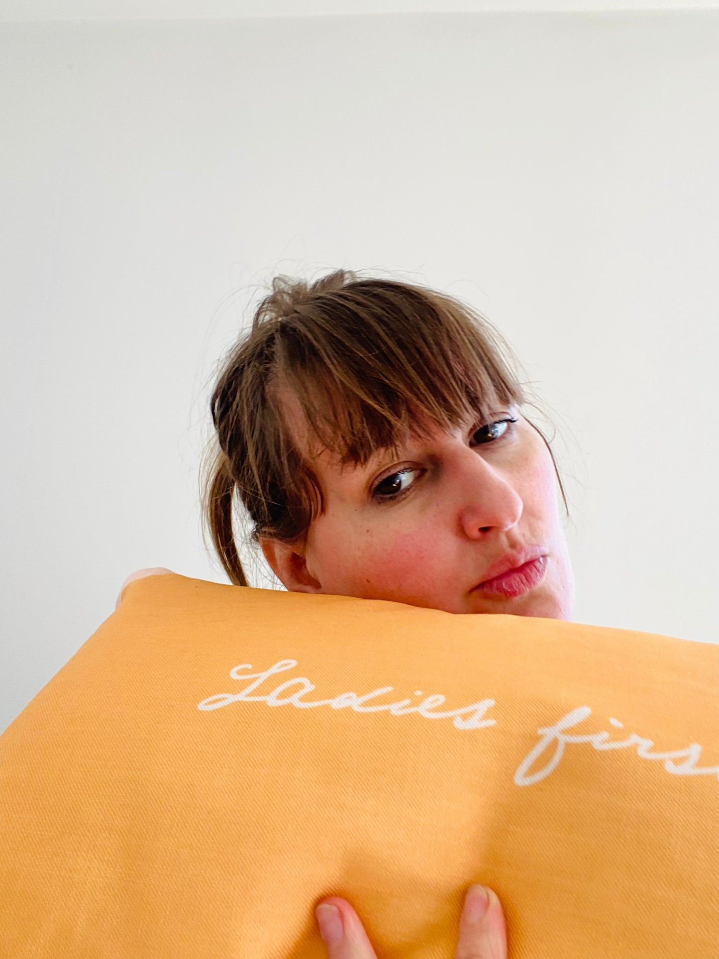 Ladies First Slogan. Reversible Textured Cushion