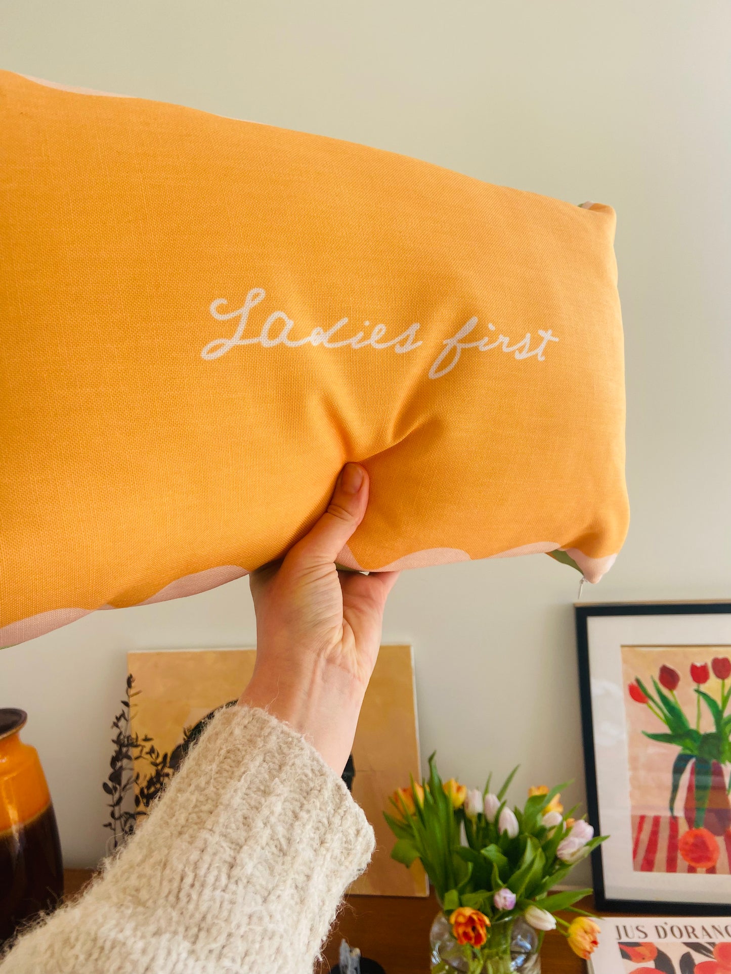 Ladies First Slogan. Reversible Textured Cushion