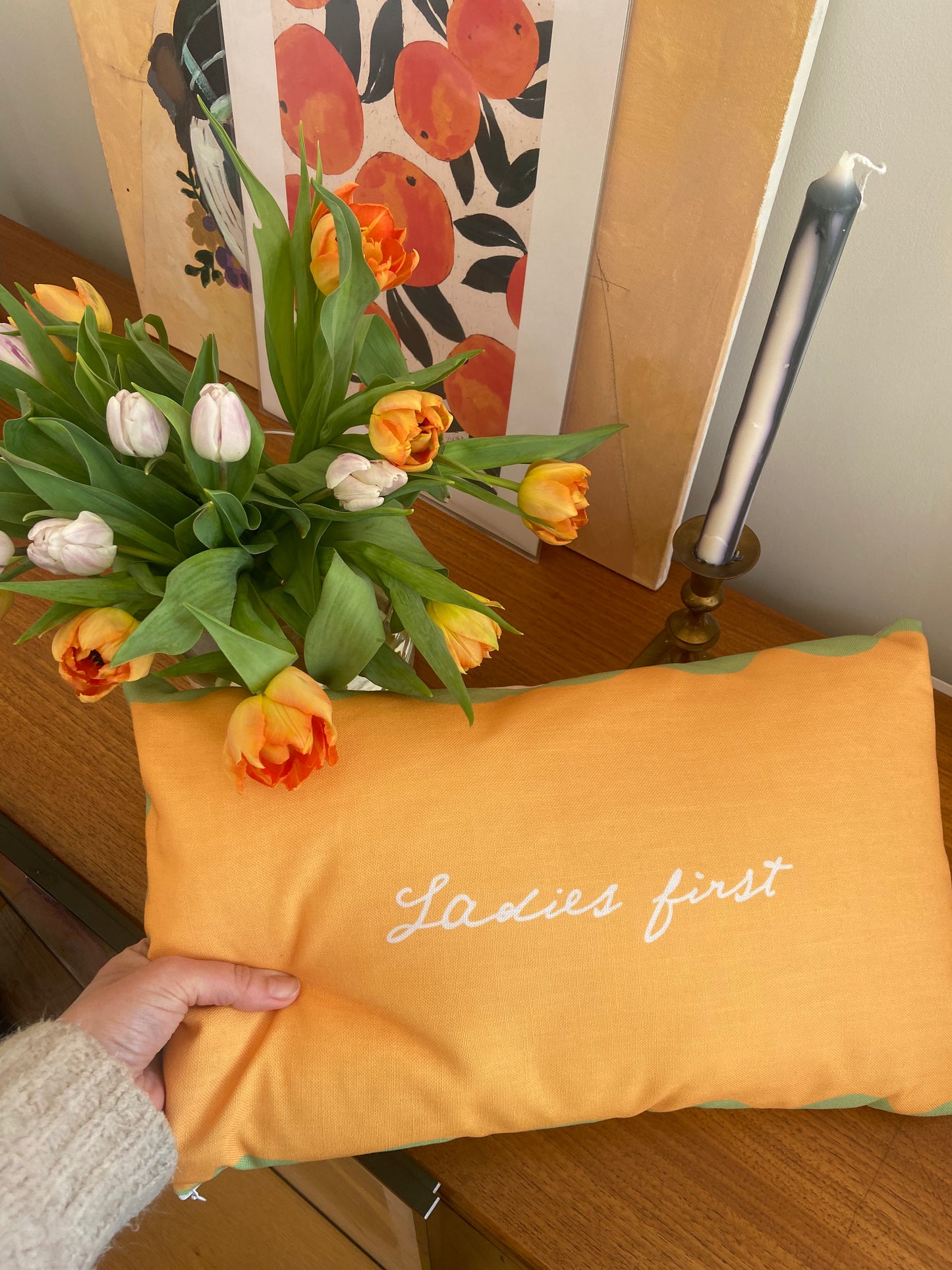 Ladies First Slogan. Reversible Textured Cushion