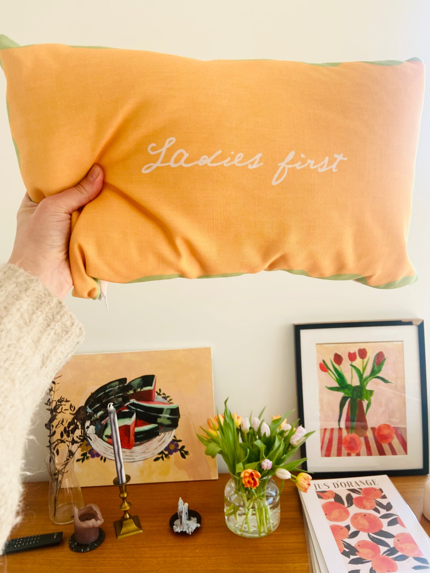 Ladies First Slogan. Reversible Textured Cushion