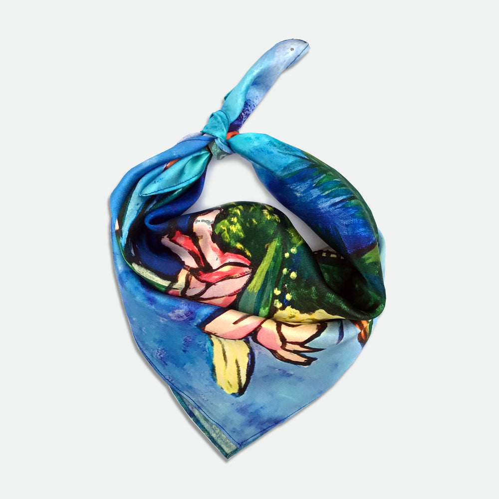 Still Life with Iris in Blue. Satin Silk Bandana