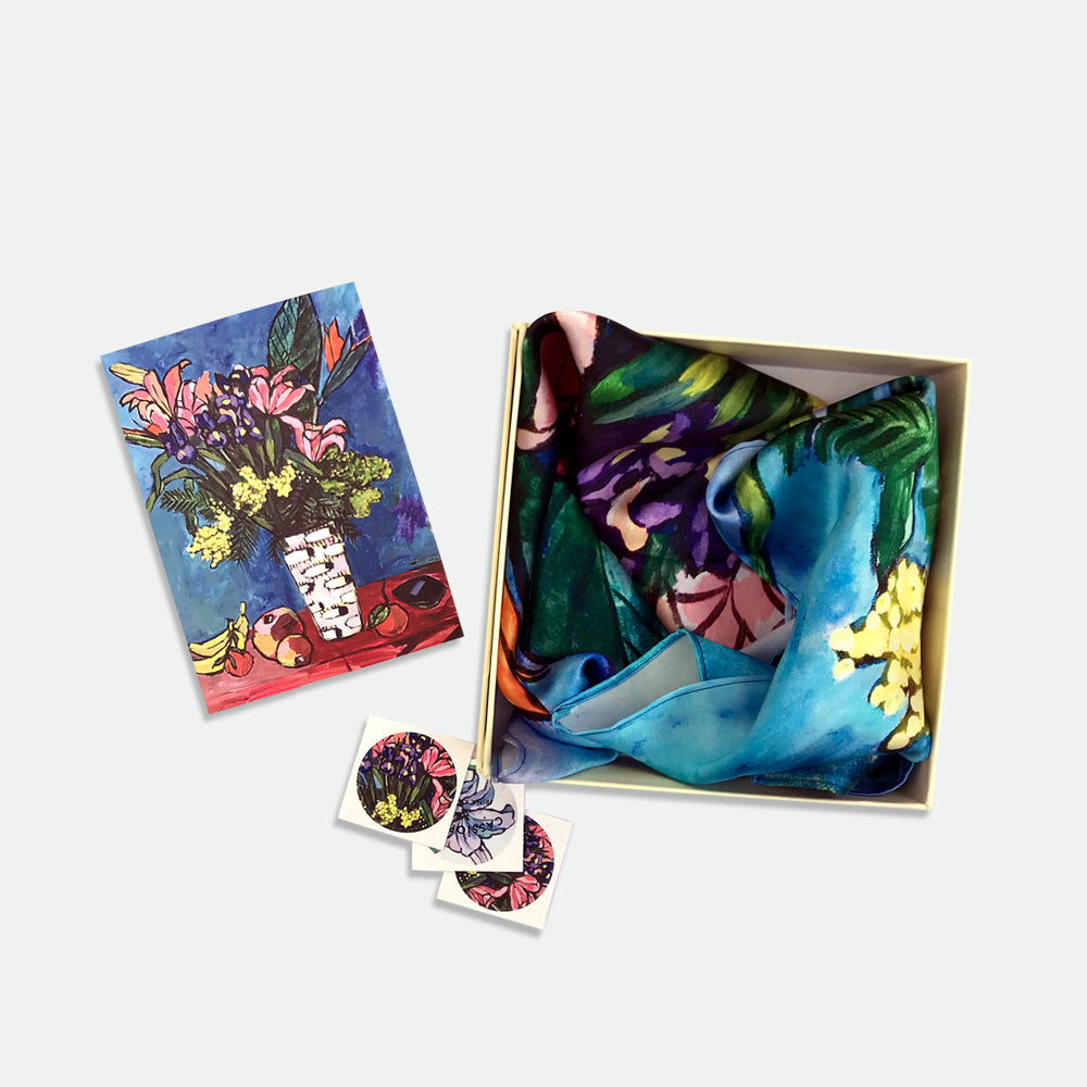 Still Life with Iris in Blue. Satin Silk Bandana