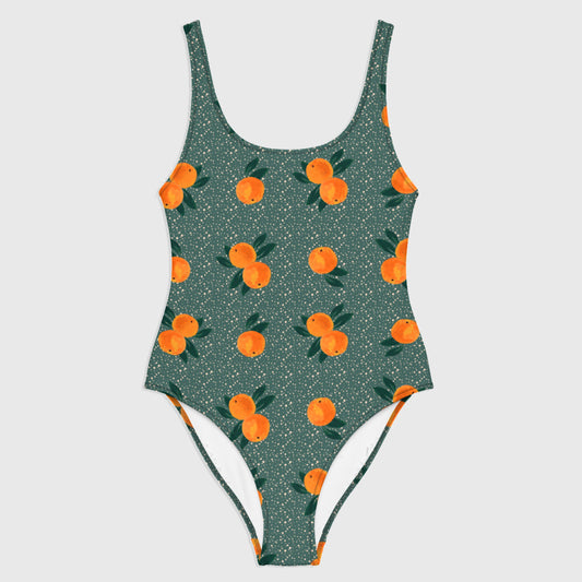 Orange Print Swimsuit in Jade Green